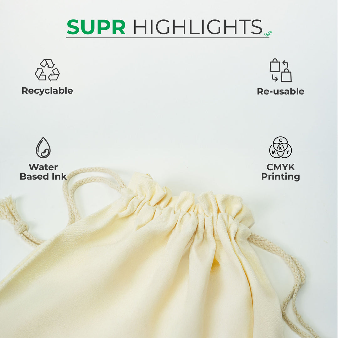 Custom Drawstring Bag Made with Recycled Cotton.