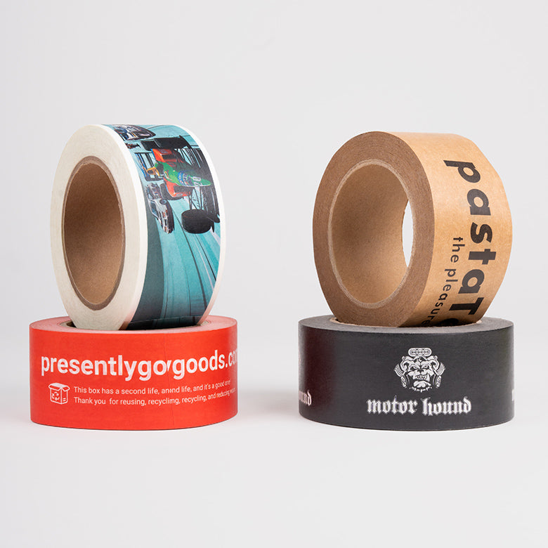 Four rolls of  Pakcing tape with different designs and text on a white background-Supr Pack