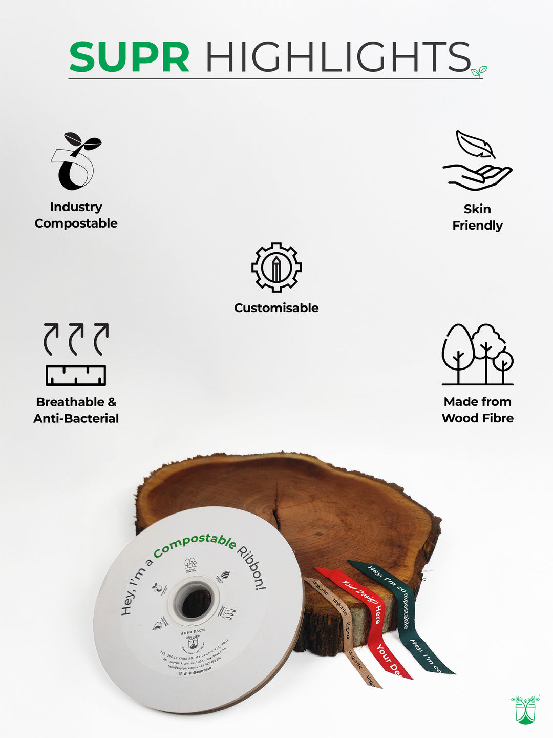 CUSTOM COMPOSTABLE RIBBON IN TWO LOGO COLORS