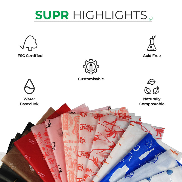 COLOURED CUSTOM TISSUE PAPER WITH LOGO &amp; PATTERN DESIGN Supr Pack